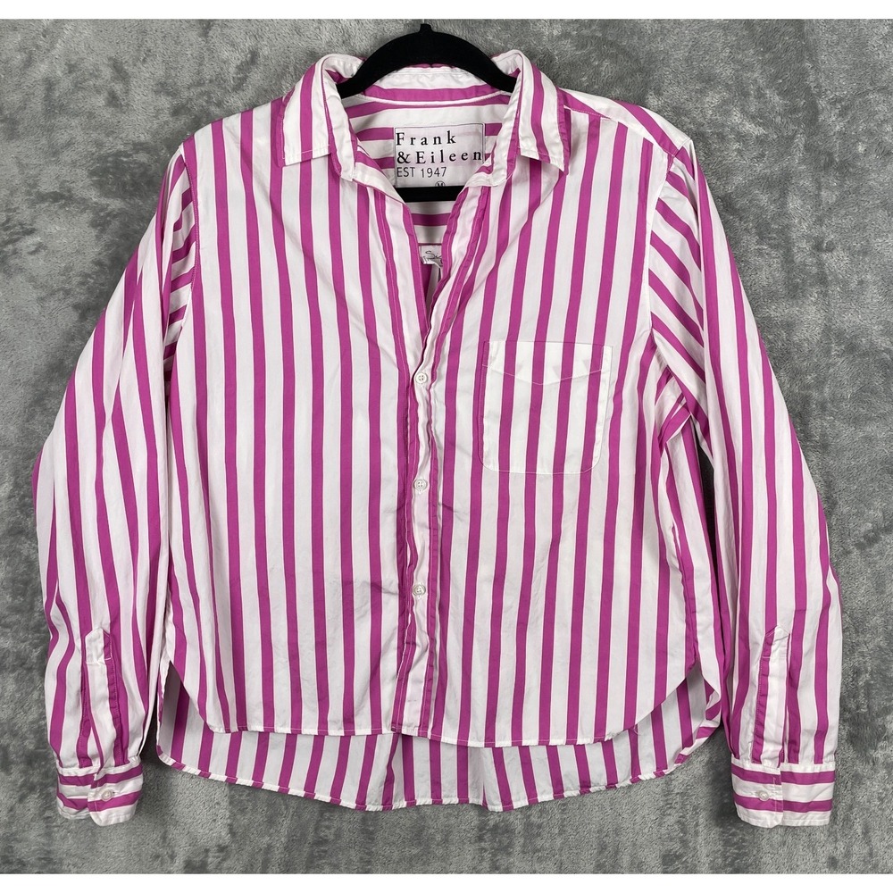 FRANK & EILEEN Silvio Stripe Cotton Button-up Shirt Miami Pink Stripe Womens M